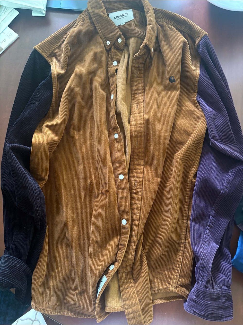 Carhartt WIP Corduroy Button-Up Jacket in Mustard with Black & Purple Sleeves
